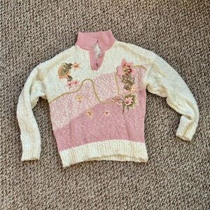 Vintage Floral Embroidered Pink and Cream ugly sweater Sweater cottagecore